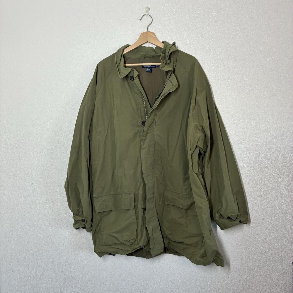 Polo Ralph Lauren Coat Mens 2XL Green Canvas Parka Full Zip Pockets Stand Collar